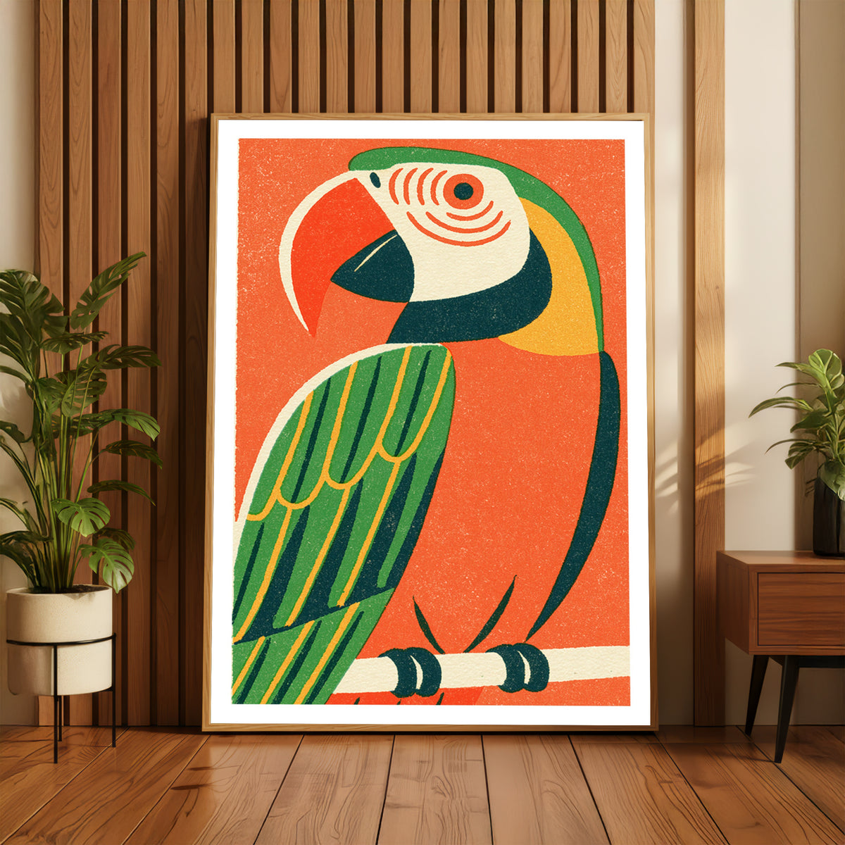Retro Parrot Print, Vintage Macaw Wall Art, Tropical Bird Poster, Orange Green Matchbox Style Art