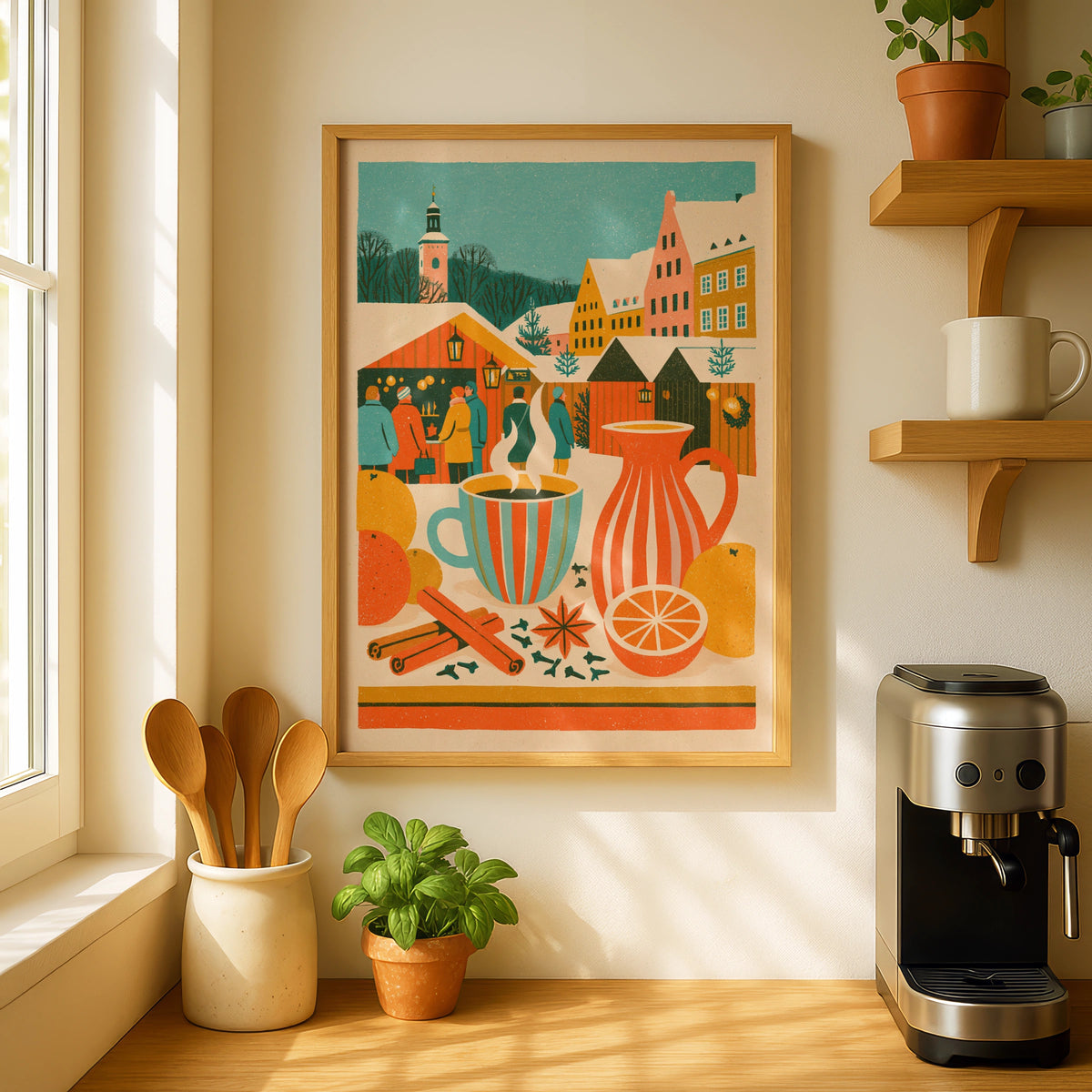 Vintage Food Poster Print, Mulled Wine Christmas Market, Rustic Kitchen Decor, Retro Mid Century