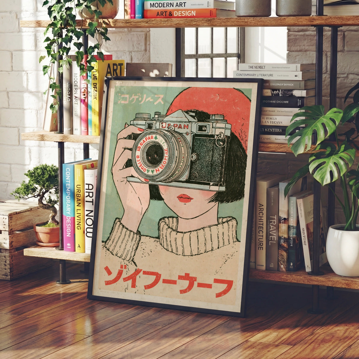Vintage Japanese Camera Poster, Retro Boho Japan Photography Wall Art Print, Anime Girl