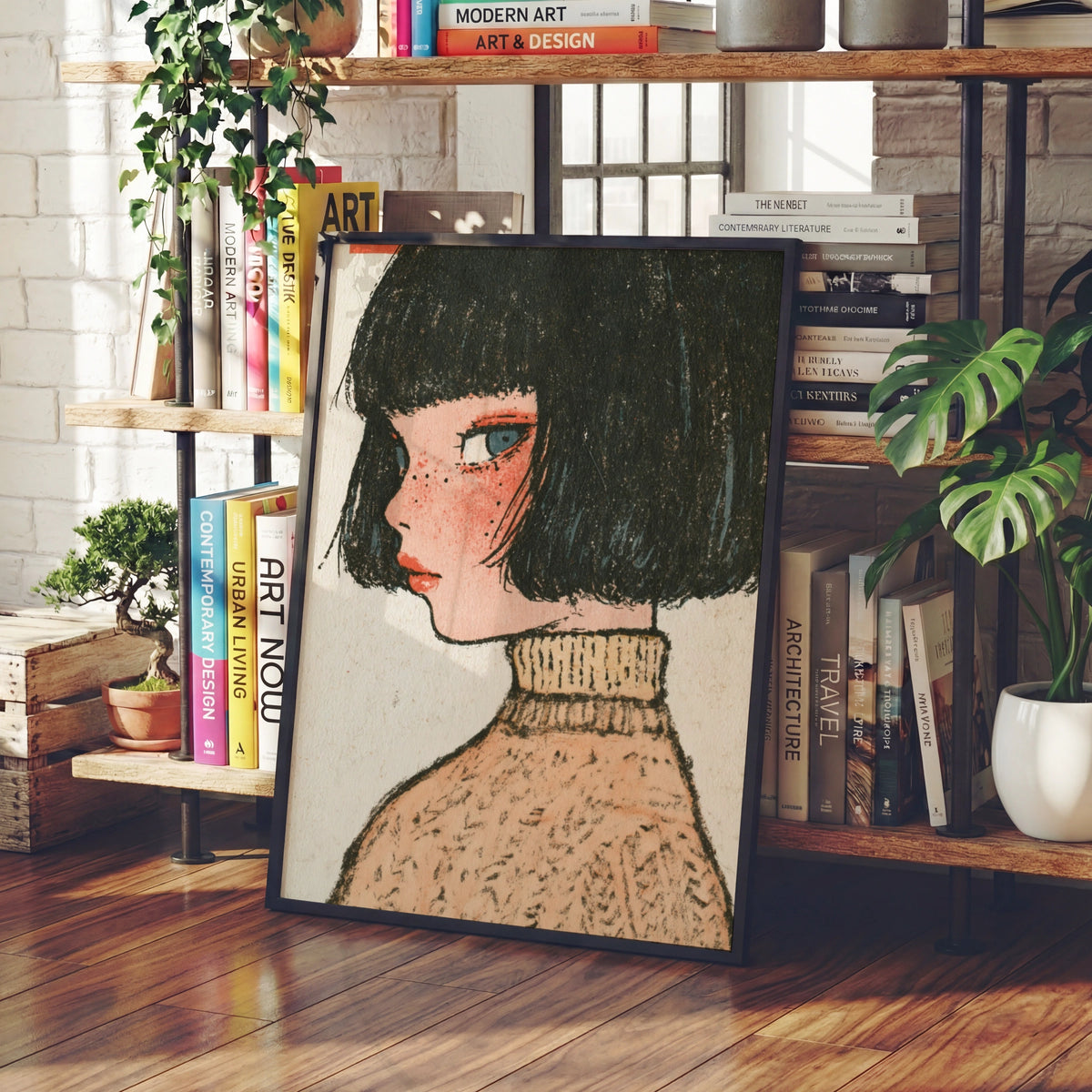 Retro Kawaii Girl Portrait Poster, Bob Hair Freckles Art Print, Vintage Illustrated Woman Wall Art