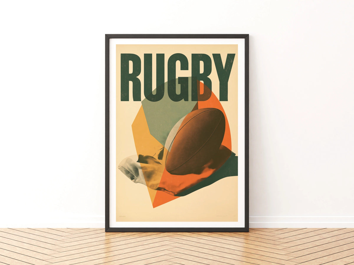 Retro Rugby Poster, Vintage Rugby Ball Print, Sports Wall Art, Green Orange Decor
