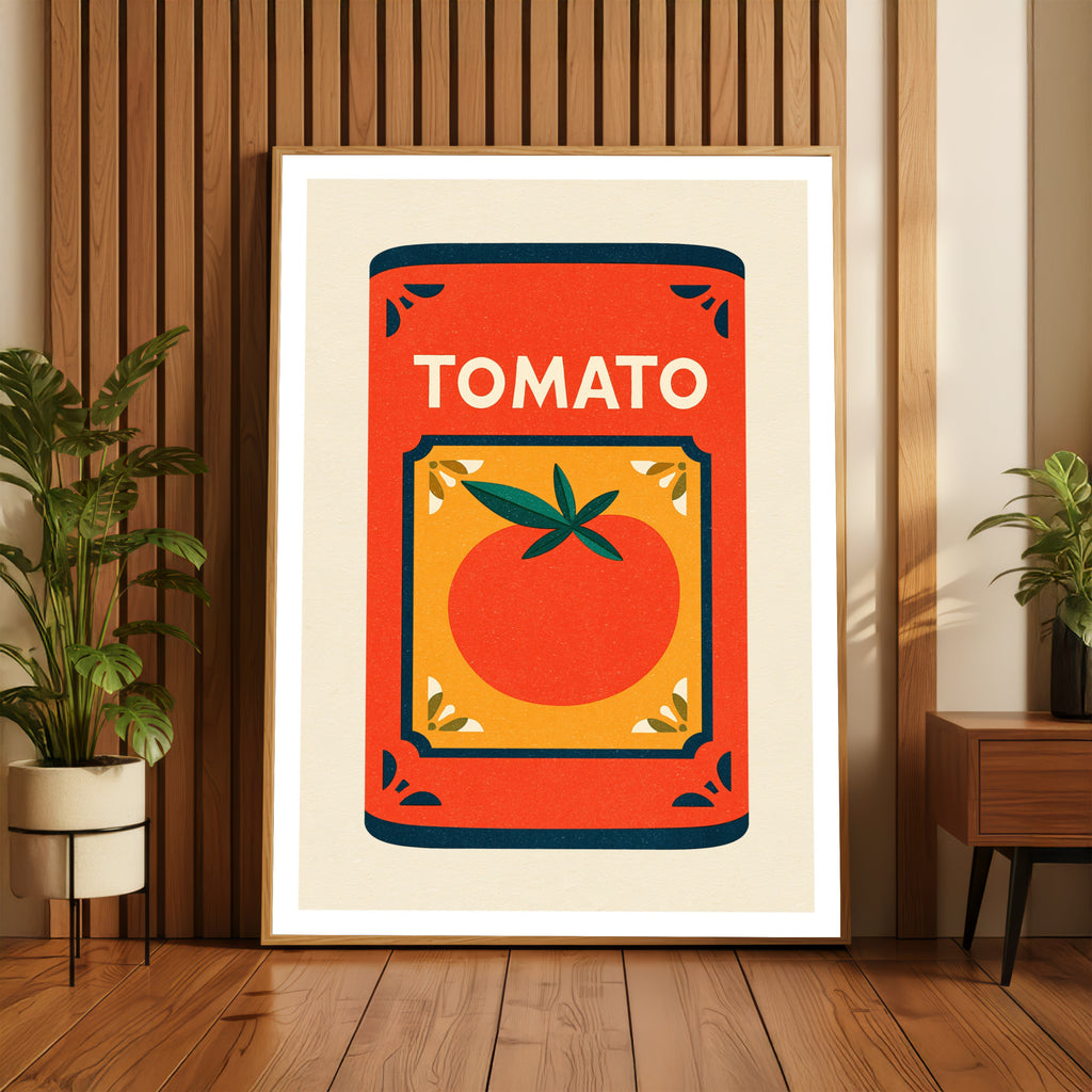 Vintage Food Poster Print, Tomato Can, Rustic Kitchen Decor, Retro Mid Century Risograph Wall Art