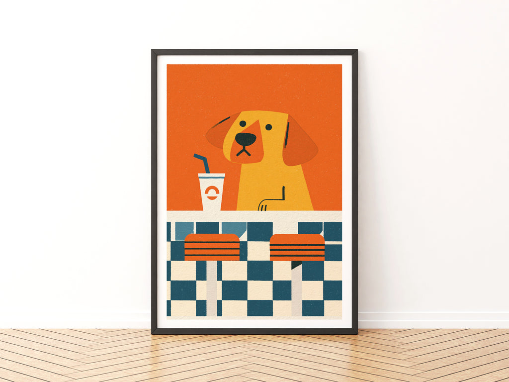 Retro Dog Diner Poster, Vintage Style Dog Wall Art, Funky Orange Animal Print for Kitchen