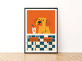 Retro Dog Diner Poster, Vintage Style Dog Wall Art, Funky Orange Animal Print for Kitchen