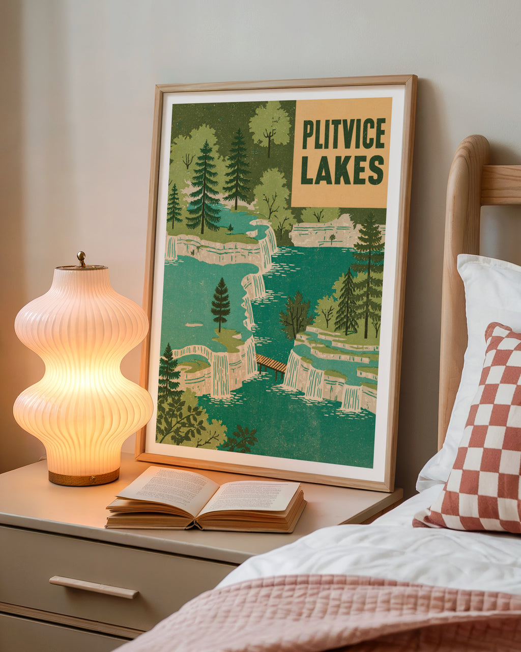 Retro Plitvice Lakes Croatia Poster, Vintage Travel Print, Waterfall Wall Art, Green Nature Art