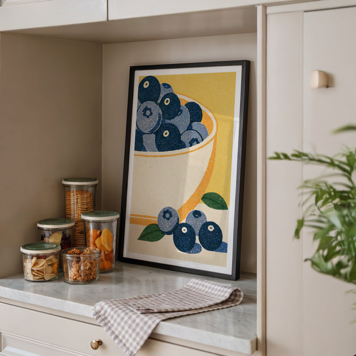 Vintage Food Poster Print | Rustic Kitchen Decor, Blueberry Bowl Art, Mid Century Fruit Wall Art