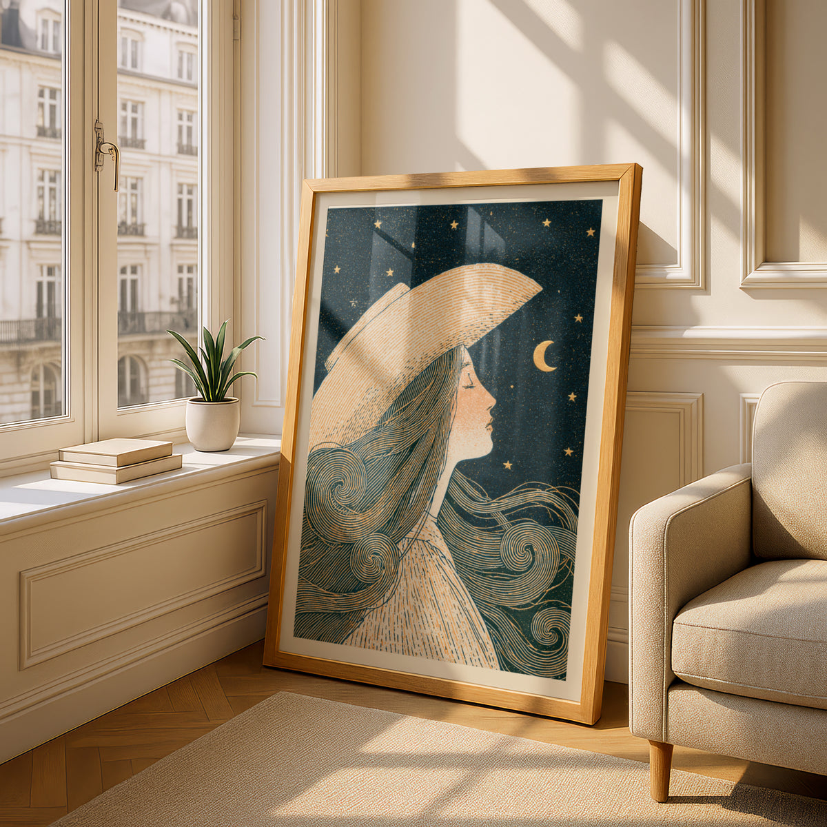 Celestial Woman Moon Stars Art Nouveau Print, Vintage Night Sky Wall Art, Whimsical Bedroom Poster