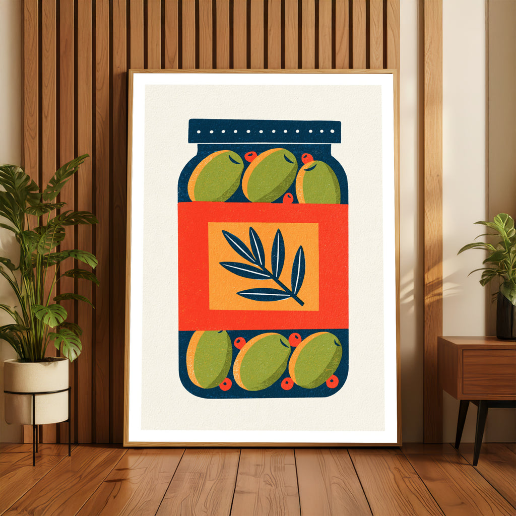 Olive Jar Print, Vintage Food Poster Print, Olive Jar Retro Mid Century Risograph, Rustic Kitchen Decor Wall Art