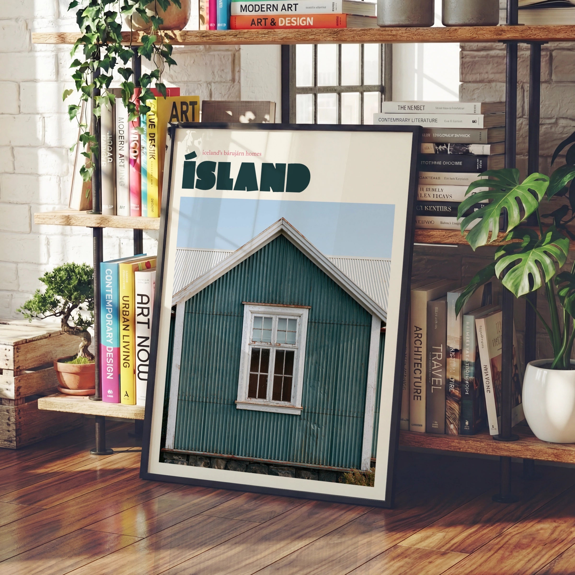 Iceland Travel Poster, Island Retro Print, Corrugated Iron Home, Teal Nordic Wall Art