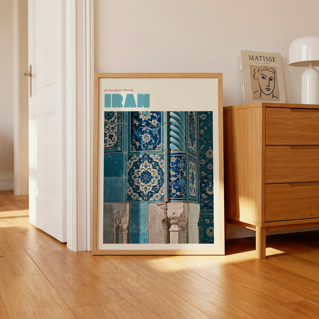 Iran Travel Poster, Persian Tilework Print, Contemporary Middle East Wall Art, Teal Blue Decor