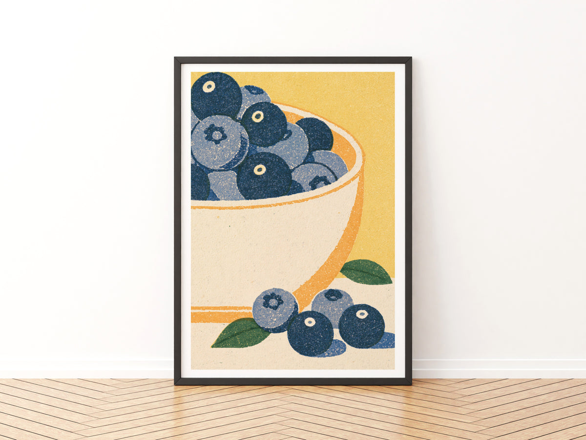 Vintage Food Poster Print | Rustic Kitchen Decor, Blueberry Bowl Art, Mid Century Fruit Wall Art