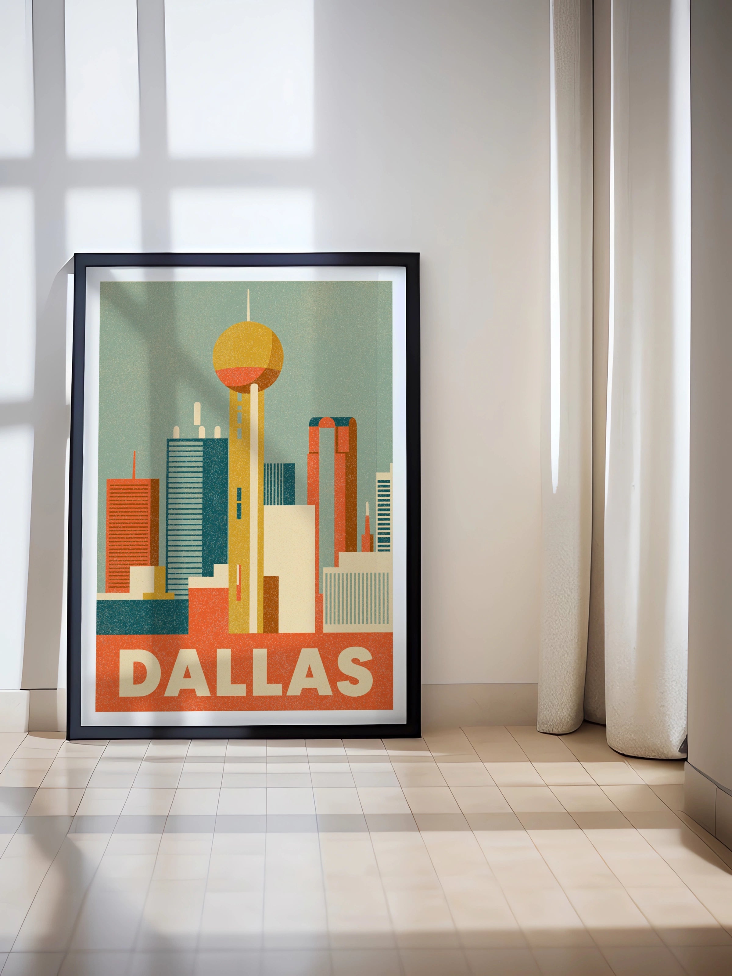Dallas Retro Travel Poster, Reunion Tower Skyline Print, Texas City Wall Art