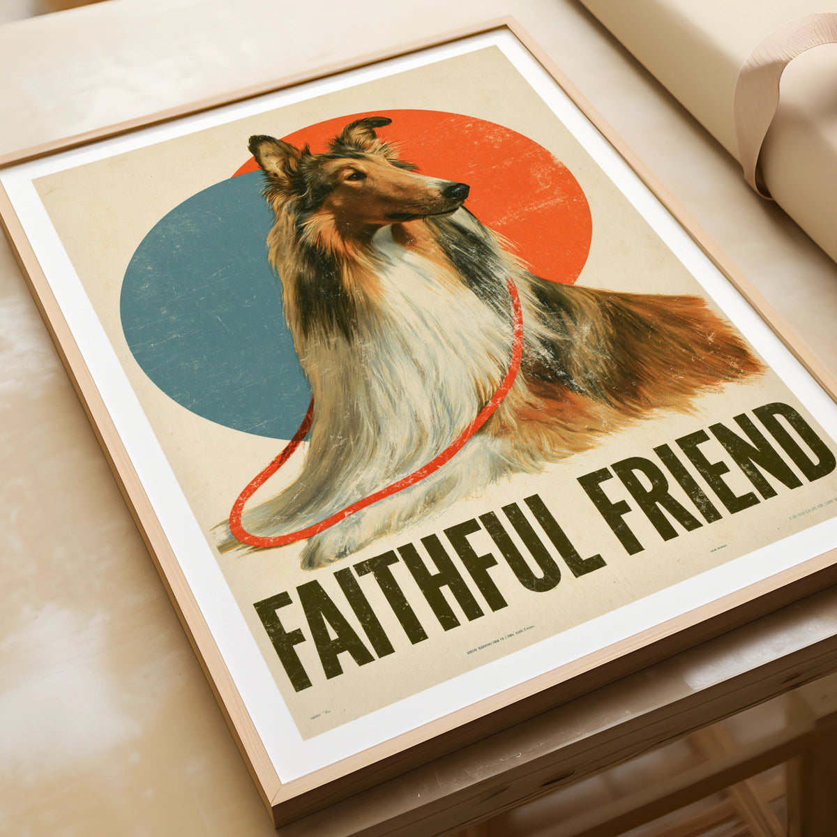 Retro Collie Dog Print, Faithful Friend Folk Art, Vintage Style Dog Wall Art Gift