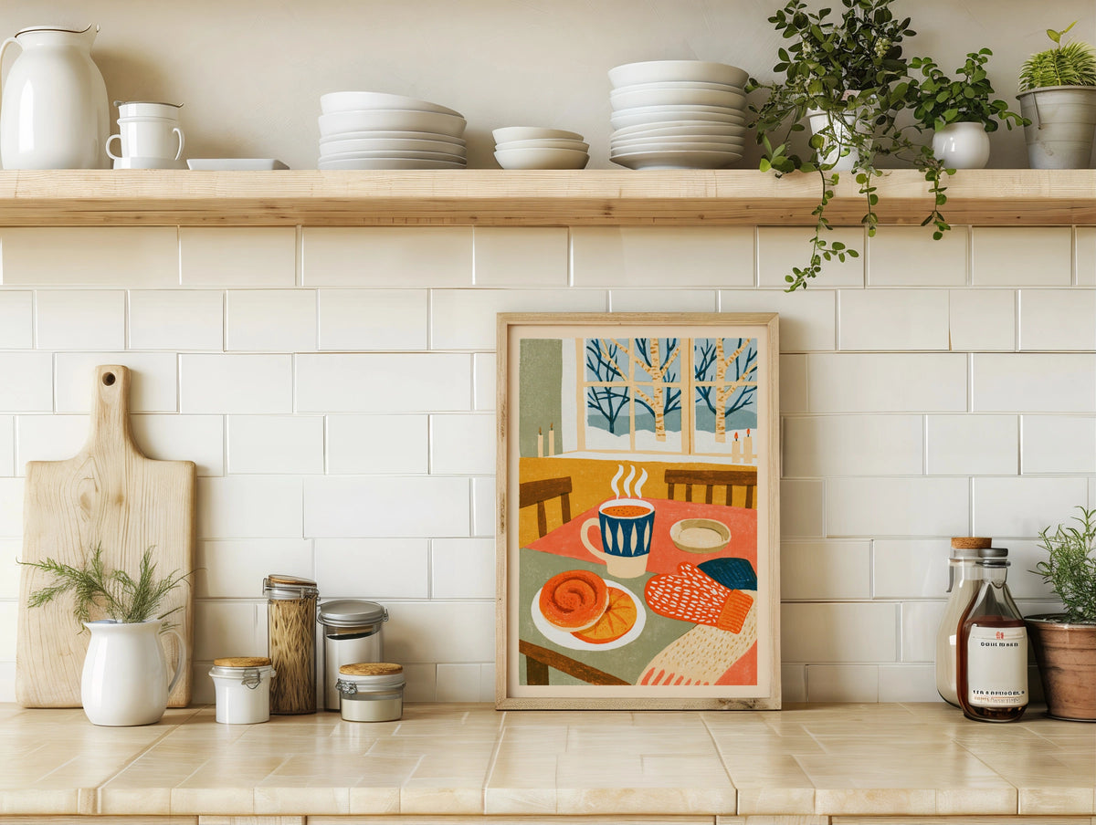 Vintage Food Poster Print, Rustic Kitchen Decor, Retro Mid Century Risograph Winter Scene