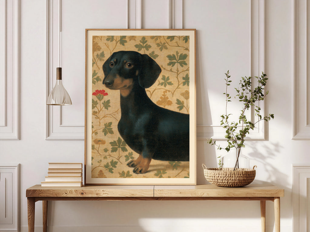 Vintage Dachshund Print, Black and Tan Sausage Dog Poster, Botanical Leaf Wallpaper, Dog Lover Wall