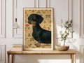 Vintage Dachshund Print, Black and Tan Sausage Dog Poster, Botanical Leaf Wallpaper, Dog Lover Wall