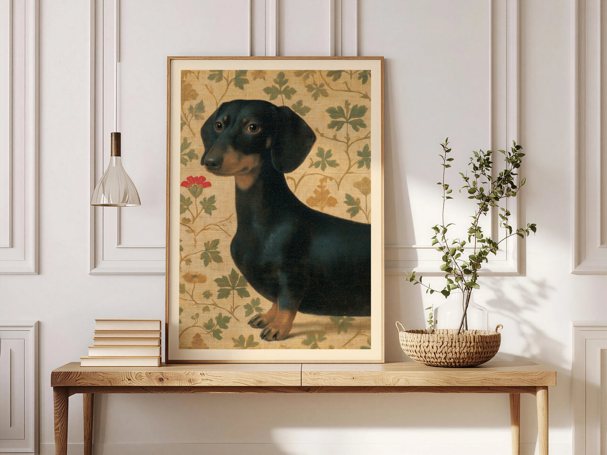 Vintage Dachshund Print, Black and Tan Sausage Dog Poster, Botanical Leaf Wallpaper, Dog Lover Wall