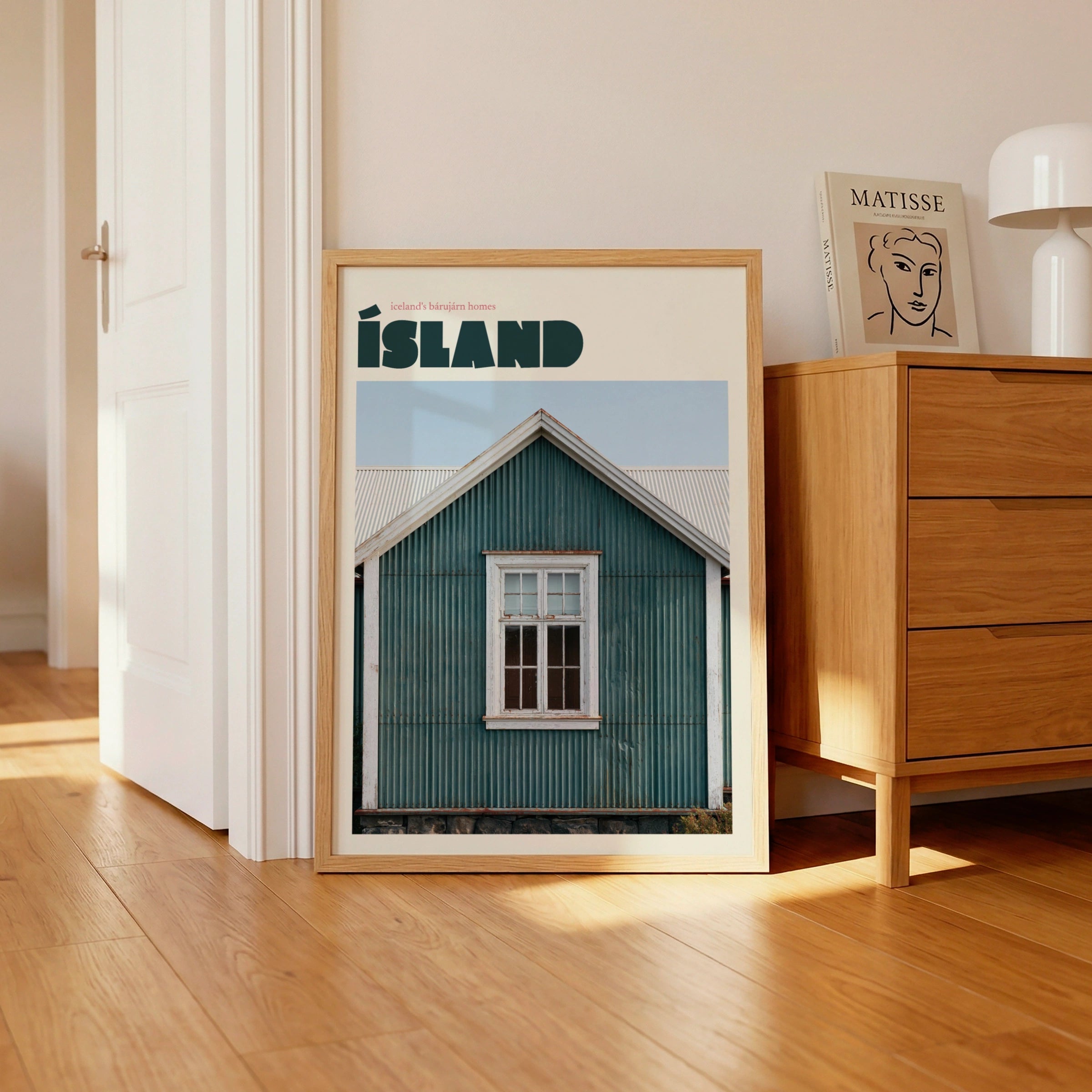 Iceland Travel Poster, Island Retro Print, Corrugated Iron Home, Teal Nordic Wall Art