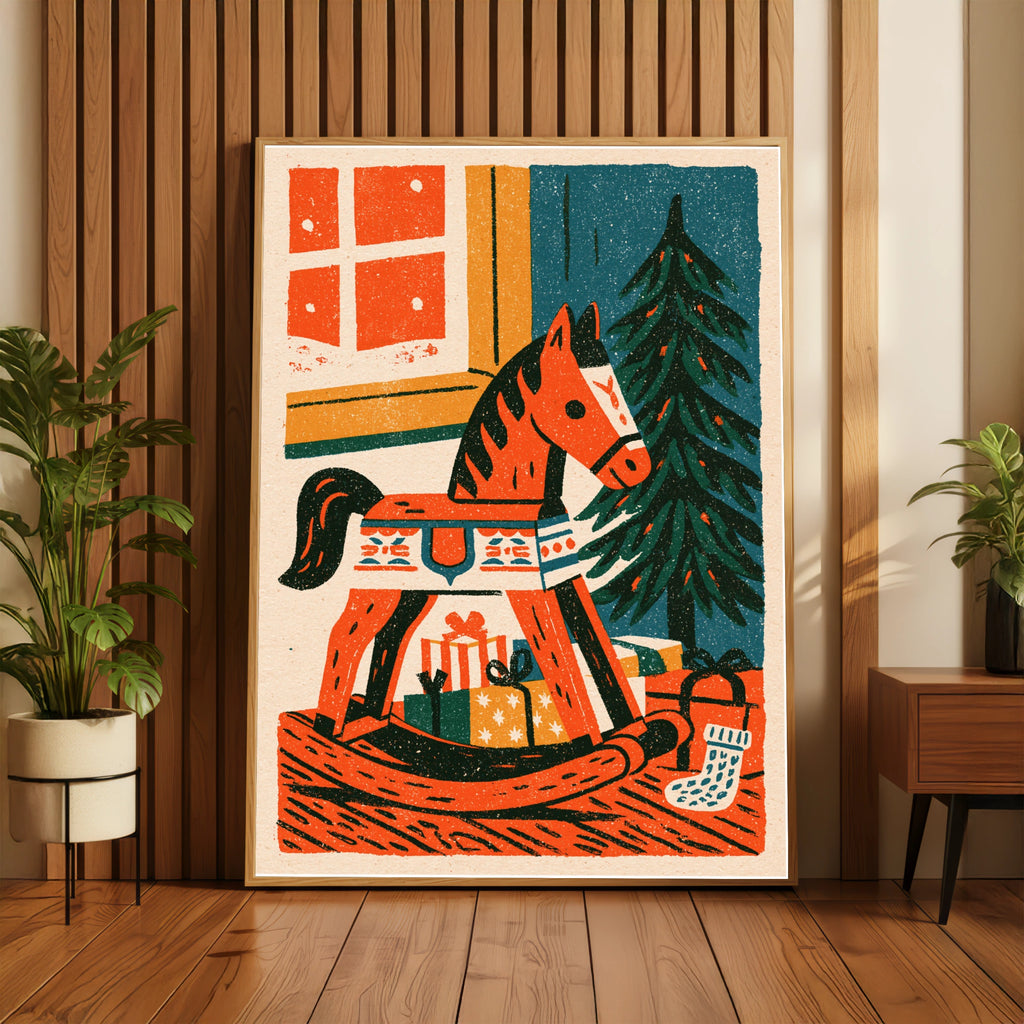Vintage Rocking Horse Christmas Poster, Retro Festive Wall Art, Teal Orange Holiday Print