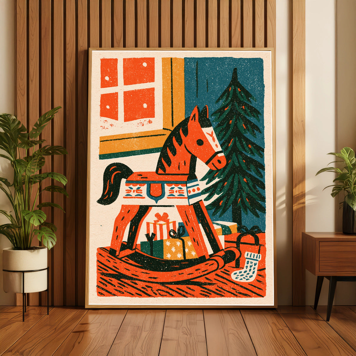 Vintage Rocking Horse Christmas Poster, Retro Festive Wall Art, Teal Orange Holiday Print