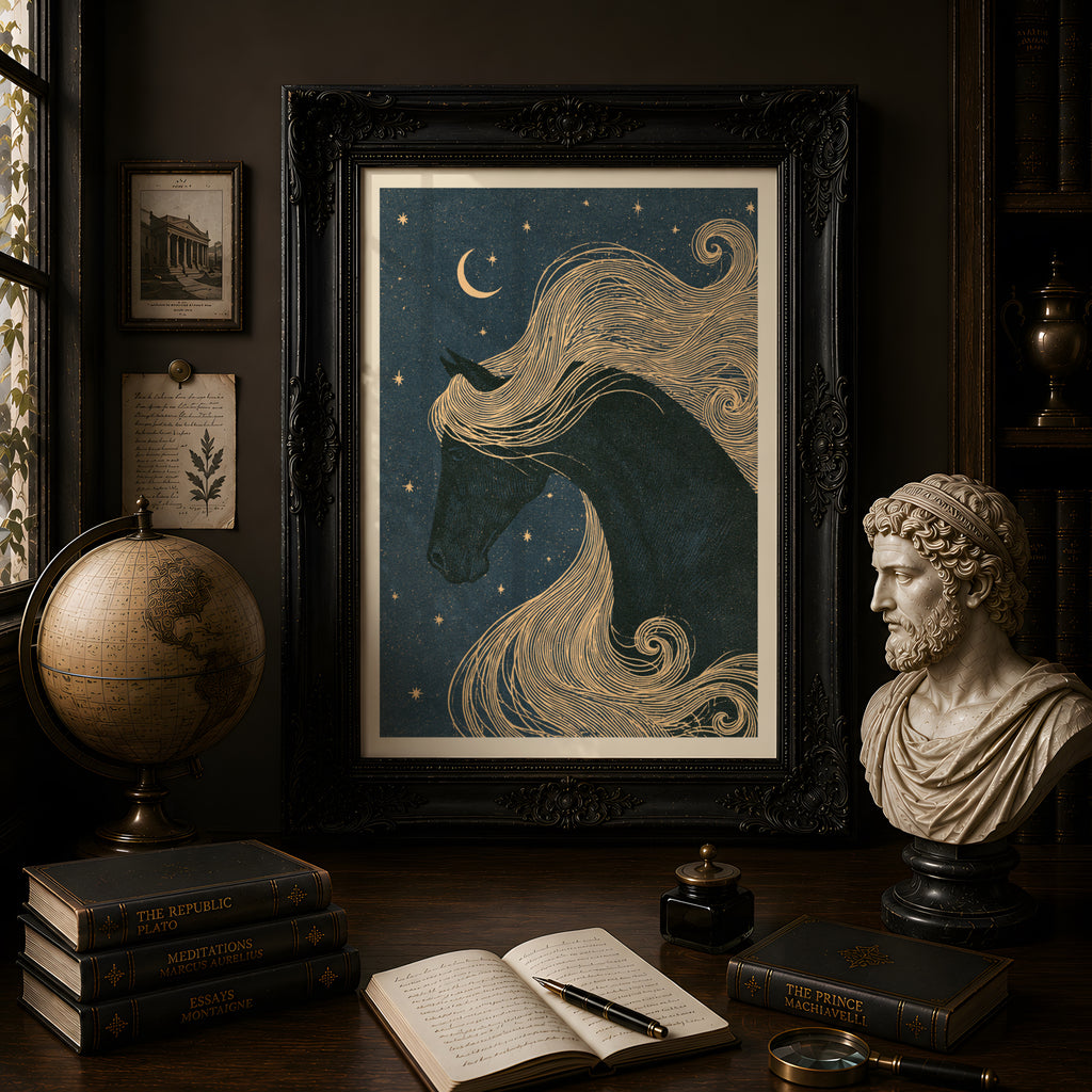 Celestial Horse Wall Art, Black Horse Poster, Moon and Stars Print, Equestrian Decor, Night Sky Art
