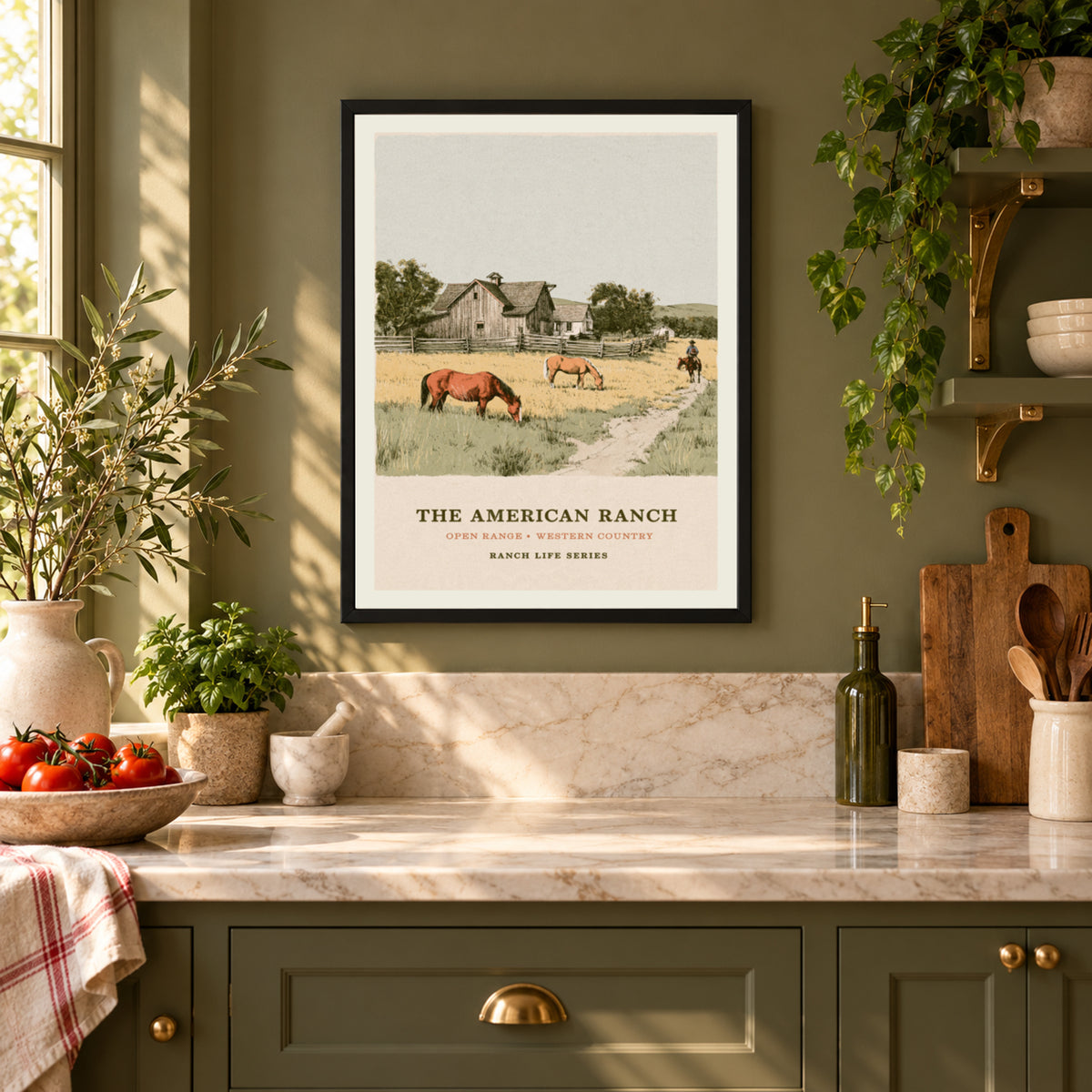 The American Ranch Poster, Vintage Western Wall Art, Horses Grazing, Rustic Barn Landscape Print