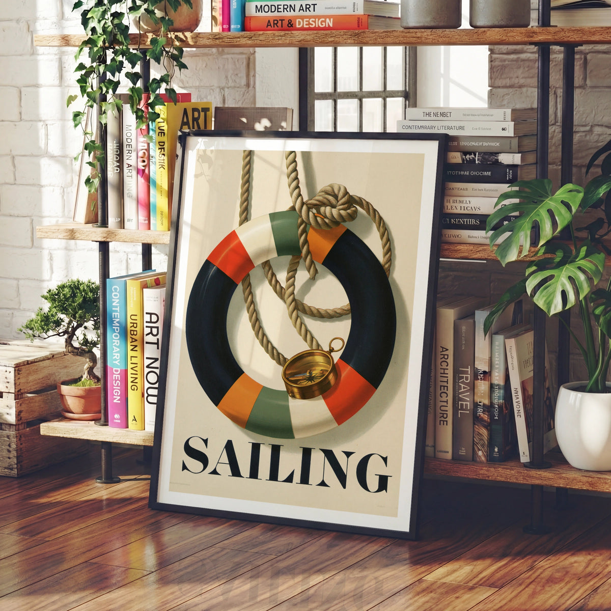 Retro Sailing Poster, Nautical Life Ring Compass Print, Vintage Navy Wall Art