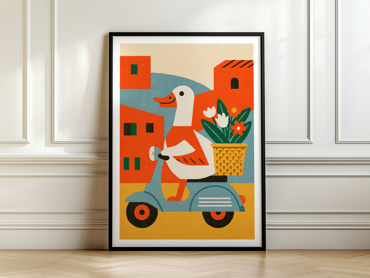 Retro Duck on Scooter Art Print, Vintage Illustrated Animal Poster, Colourful Funky Wall Art