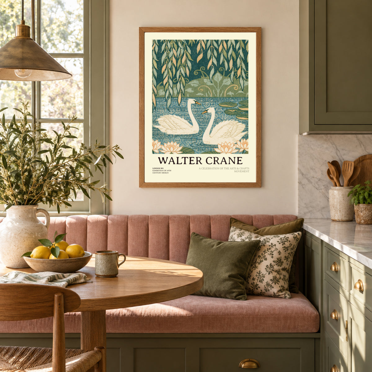 Walter Crane Swans Print, Arts and Crafts Wall Art, Willow Tree Lily Pond, Vintage Nature Poster