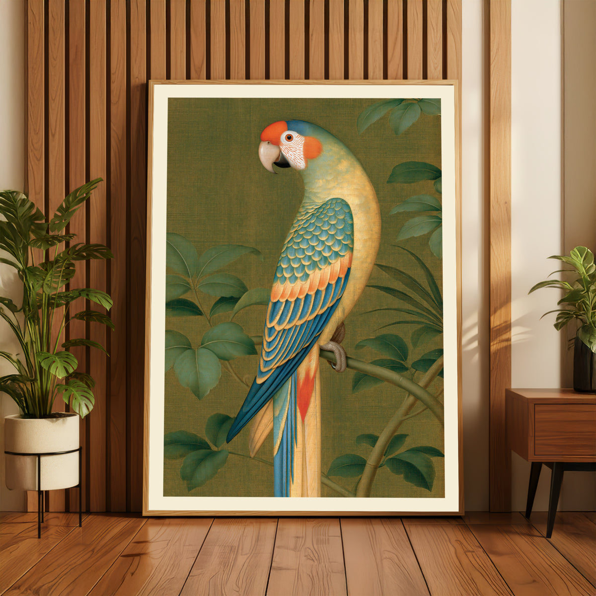 Vintage Parrot Wall Art, Tropical Bird Print, Classic Botanical Poster, Olive Green Jungle Decor