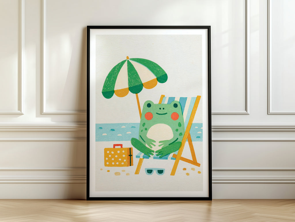 Retro Frog Beach Print, Vintage Style Wall Art, Cute Frog Poster, Kids Room Nursery Decor