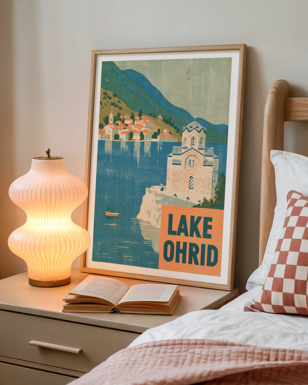 Retro Lake Ohrid Poster, Vintage Travel Print, North Macedonia Church Wall Art, Balkans Gift