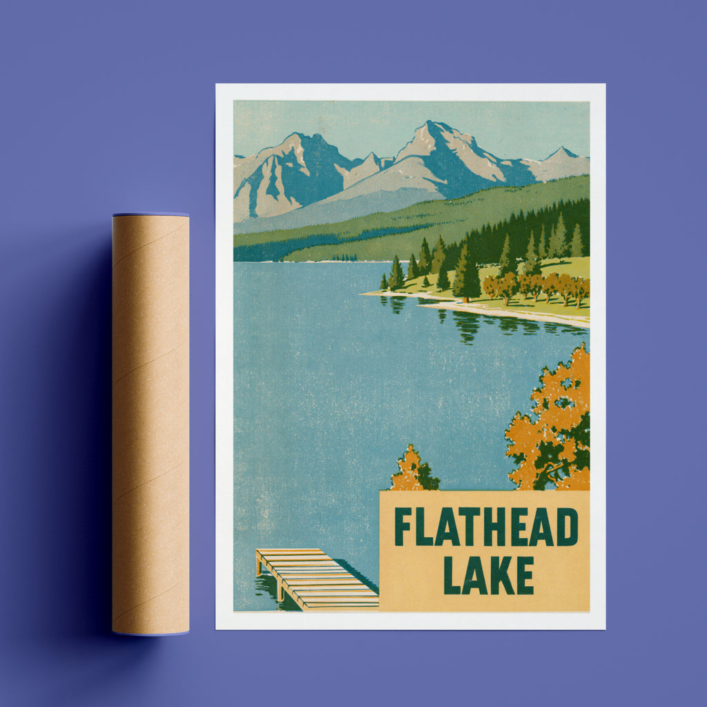 Flathead Lake Montana Retro Poster, Vintage Travel Print, Mountain Lake Wall Art, Cabin Decor