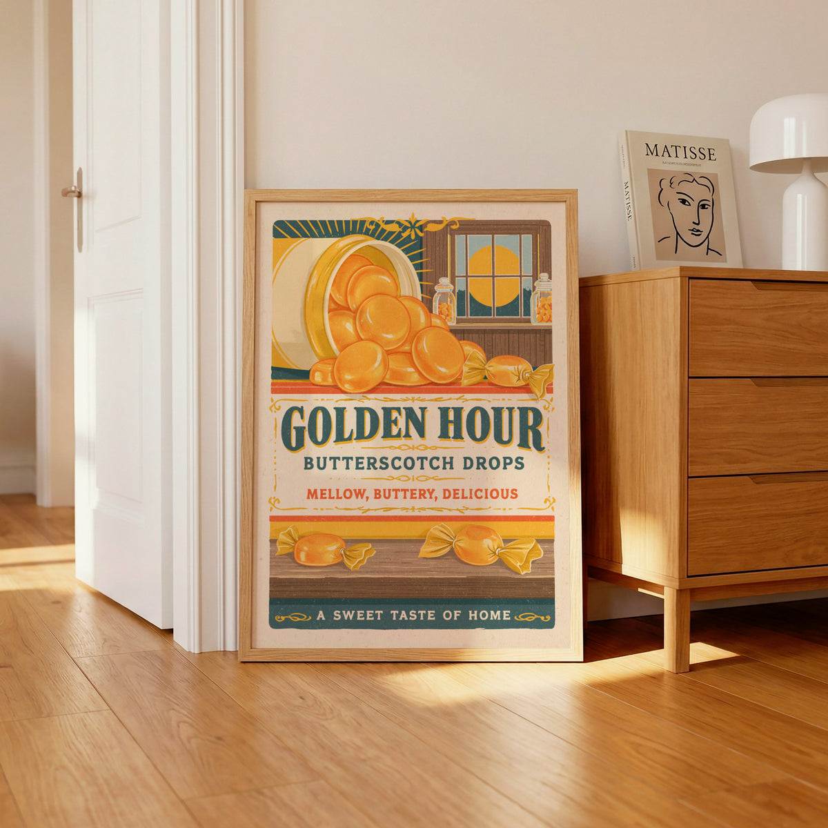 Butterscotch Candy Contemporary Kitchen Wall Art, Vintage Sweet Shop Print, Golden Hour Food Decor