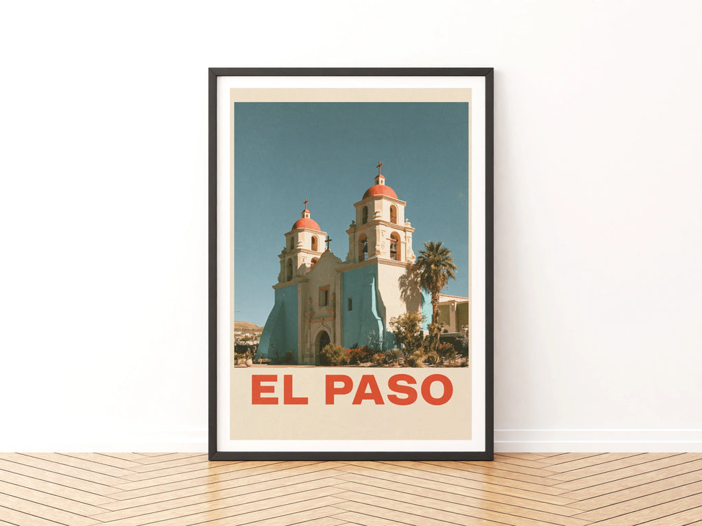 El Paso Retro Travel Poster, Texas Mission Church Print, Southwest USA Wall Art