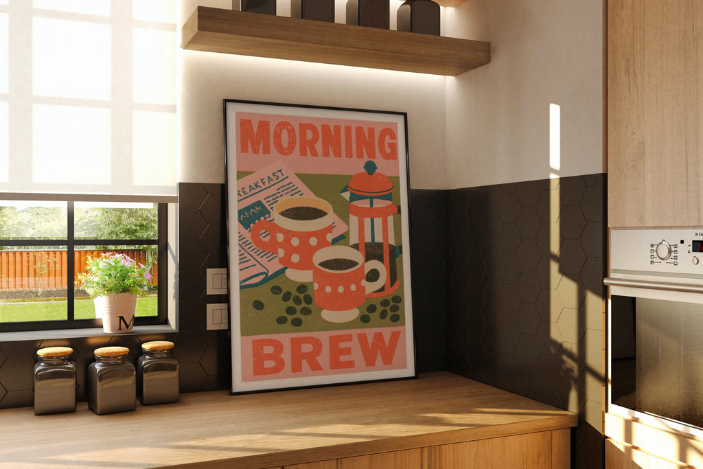 Morning Brew Coffee Vintage Food Poster Print | Rustic Kitchen Decor | Retro Mid Century Risograph