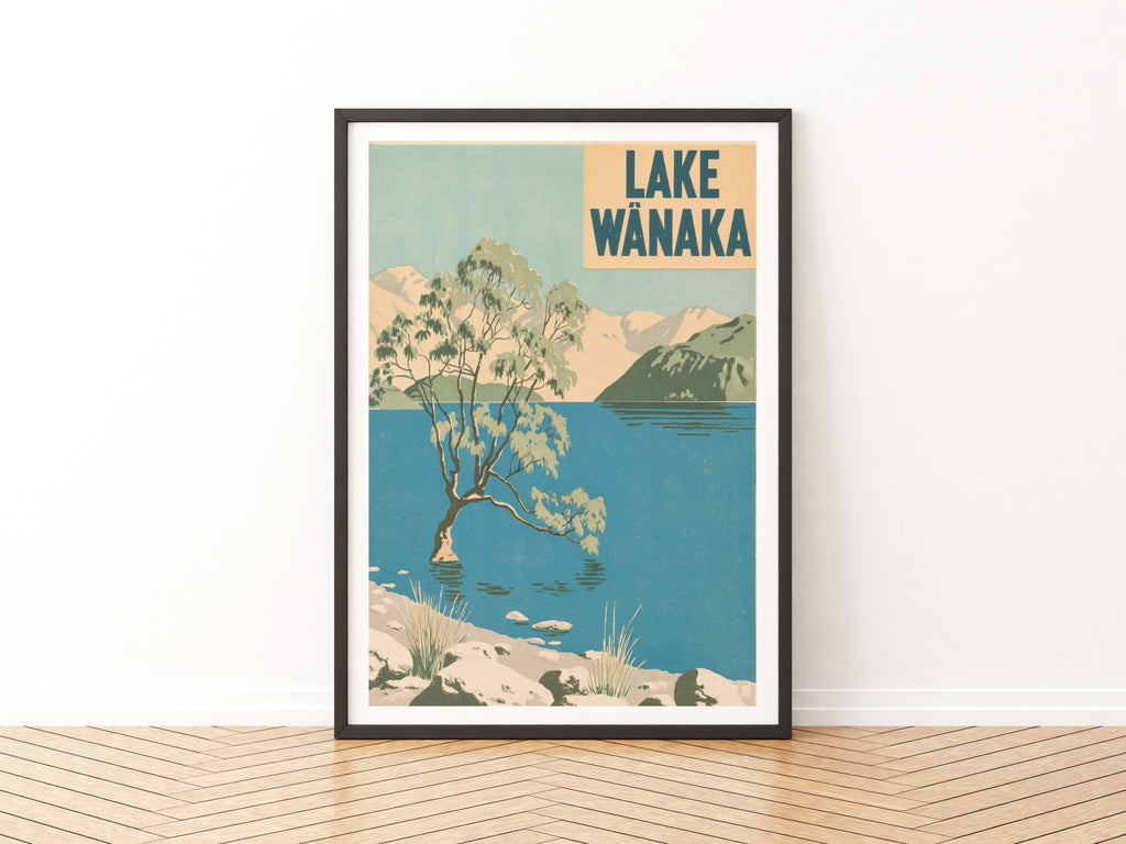 Lake Wanaka Retro Travel Print, Vintage Travel Poster, New Zealand Wall Art, Willow Tree Lake