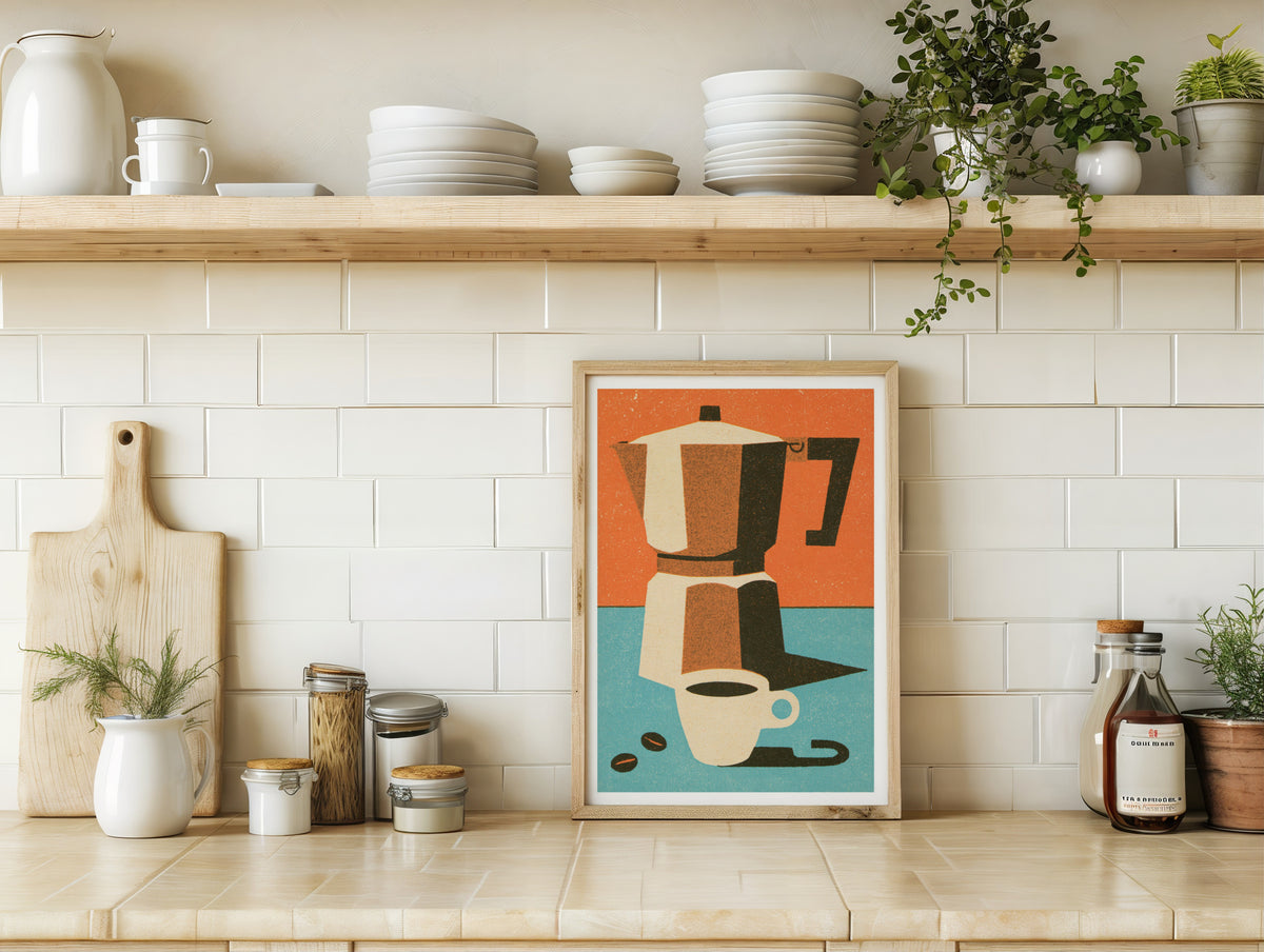 Vintage Food Poster Print | Rustic Kitchen Decor, Moka Pot Coffee Art, Mid Century Retro Wall Art
