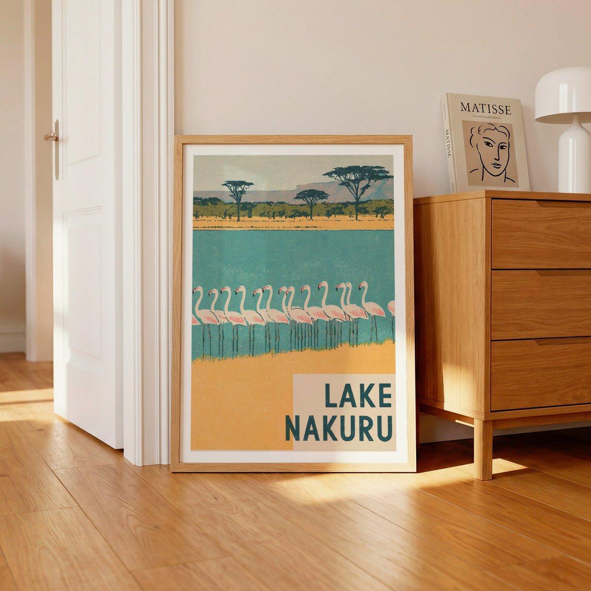 Retro Lake Nakuru Poster, Vintage Travel Flamingo Print, Kenya Safari Wall Art, African Wildlife