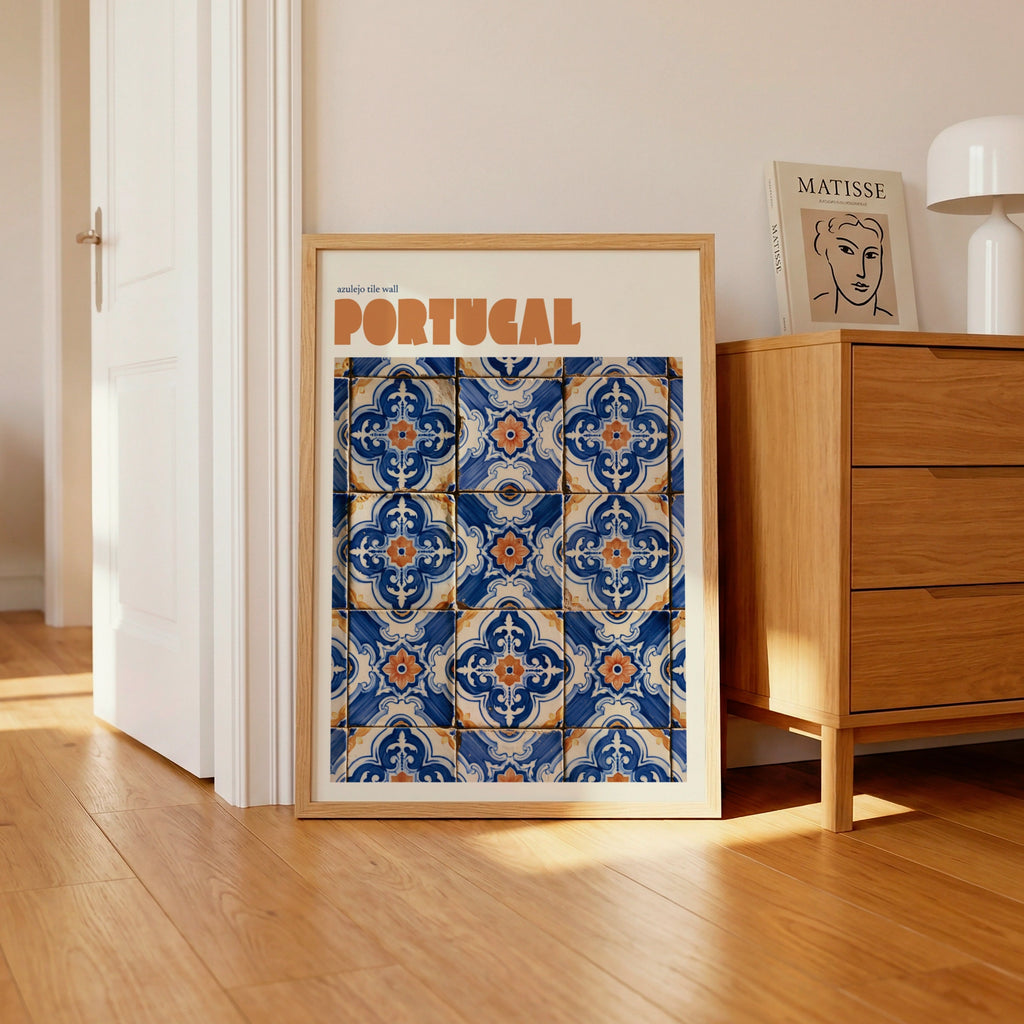 Portugal Azulejo Tile Retro Travel Poster, Blue Terracotta Wall Art Print