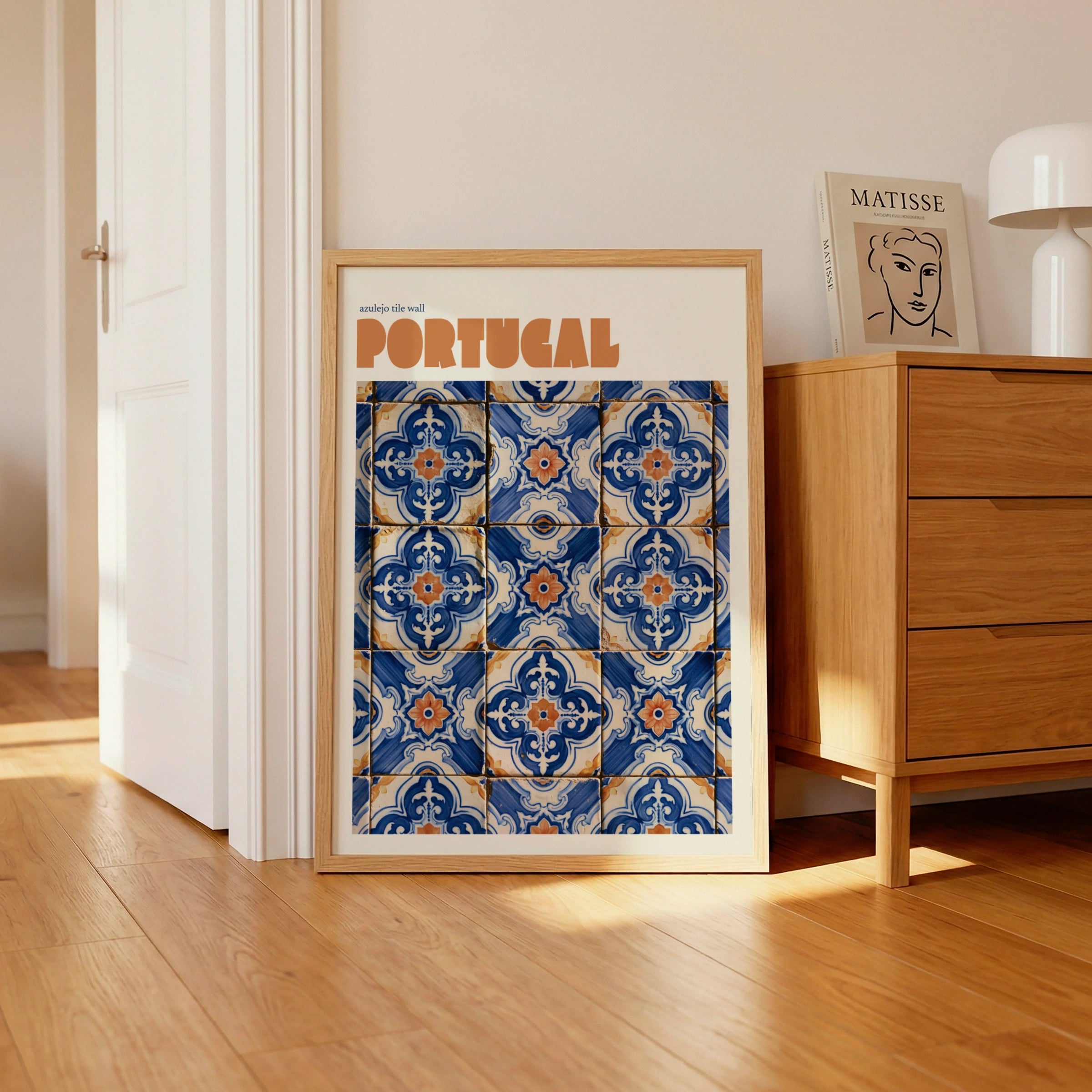 Portugal Azulejo Tile Retro Travel Poster, Blue Terracotta Wall Art Print