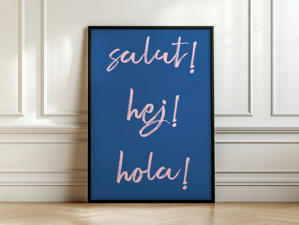 Salut Hej Hola Typography Poster, Blue Pink Fun Word Wall Art Print, Hello