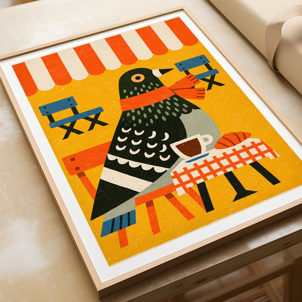 Vintage Pigeon Cafe Poster, Retro Bird Coffee Print, Funny Animal Wall Art, Bold Colourful
