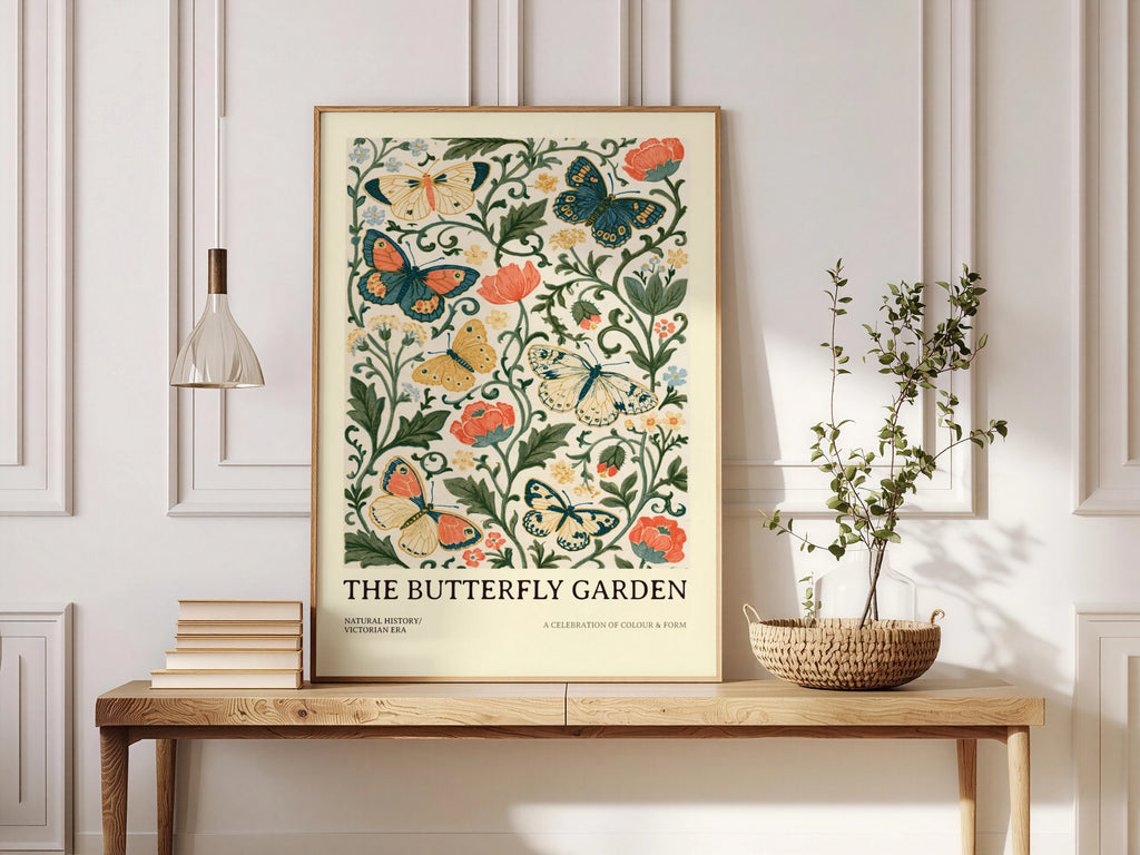 Butterfly Garden Print, Botanical Wall Art, Victorian Natural History Poster, Floral Nature Decor