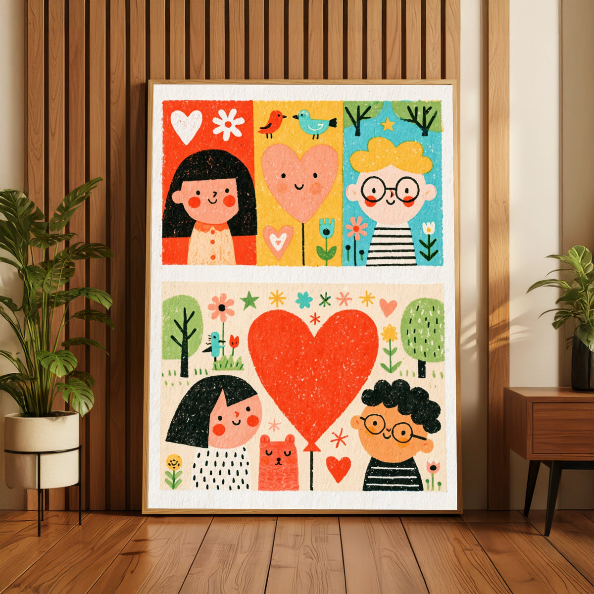 Retro Folk Art Kids Poster, Cute Children Heart Print, Colourful Nursery Wall Art Gift
