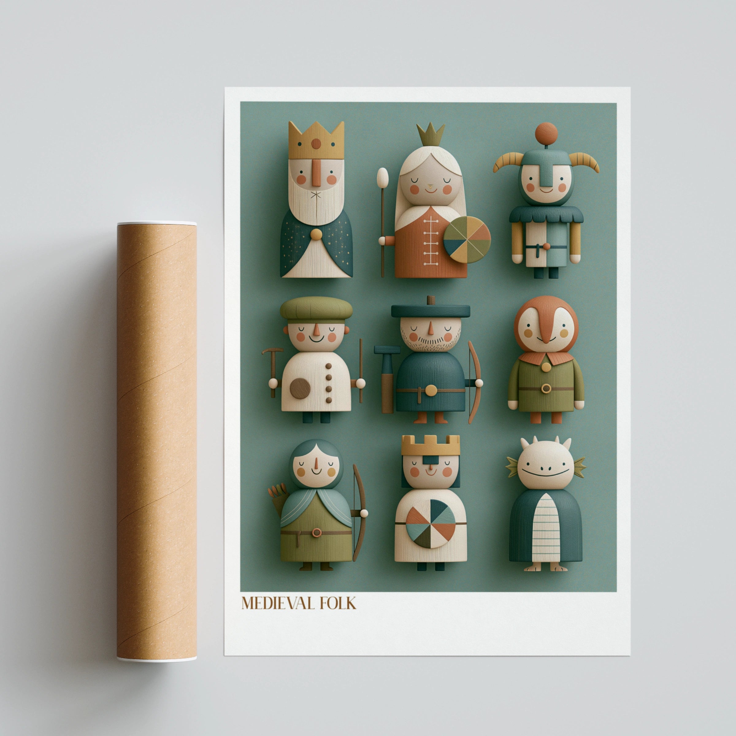 Medieval Folk Retro Children's Print, Wooden Toy Characters, Kids Wall Art Poster