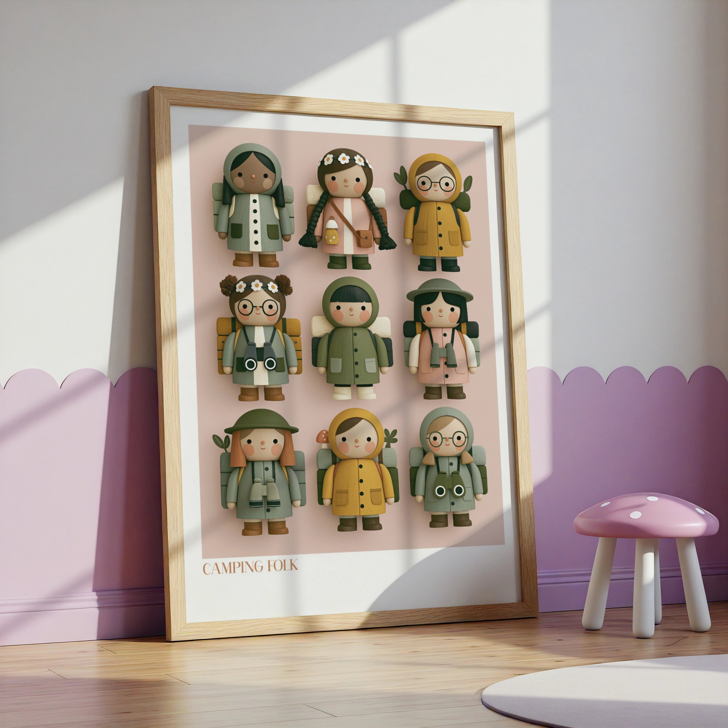 Camping Folk Retro Kids Wall Art, Cute Hiking Characters Poster, Children's Collectable Print