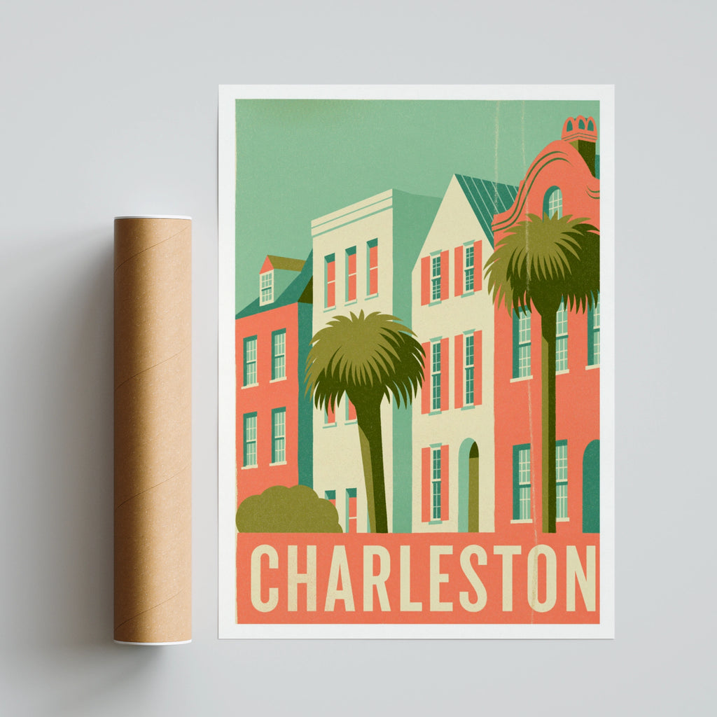 Charleston Retro Travel Poster, Rainbow Row Houses Print, South Carolina Wall Art
