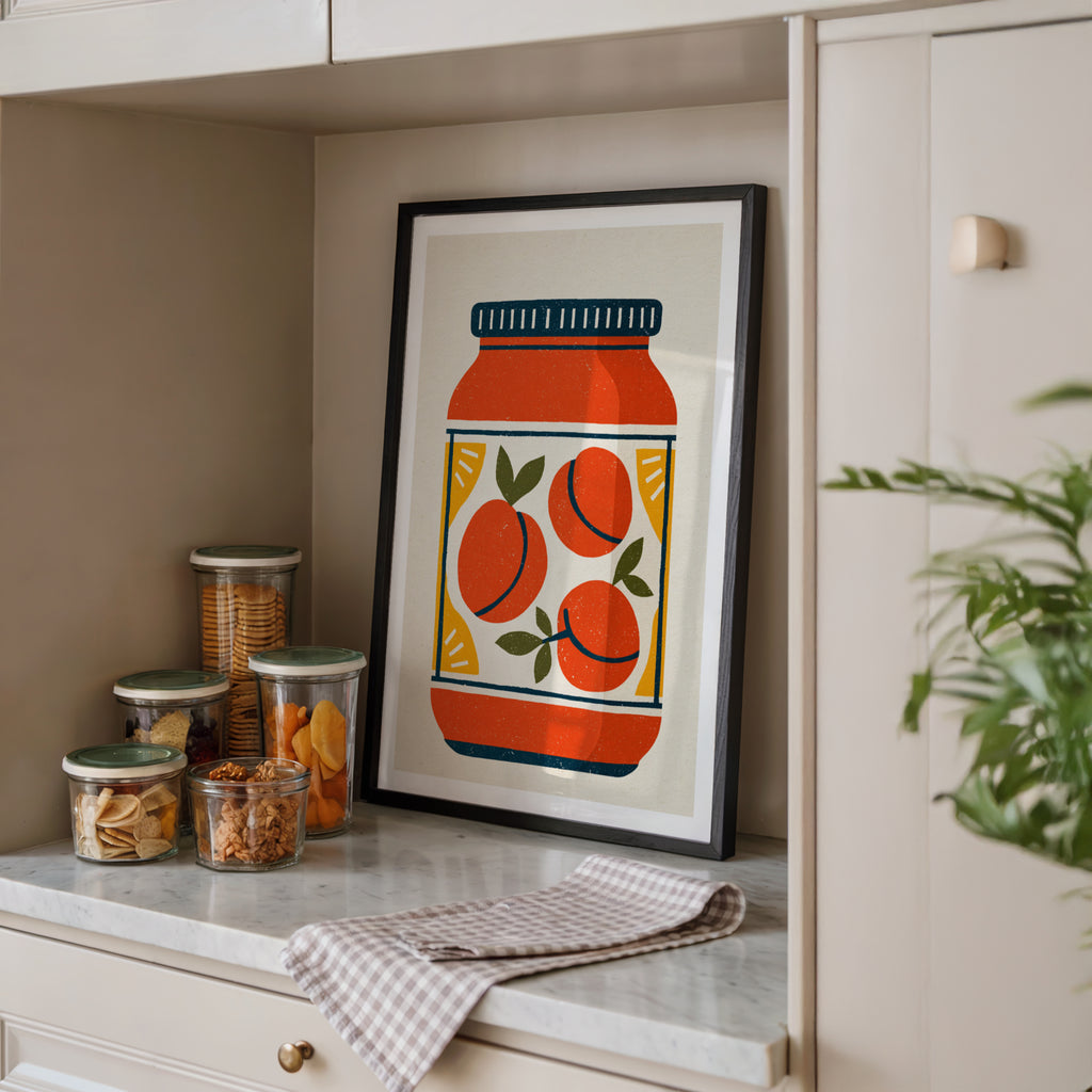 Vintage Food Poster Print, Peach Jam Jar, Rustic Kitchen Decor, Retro Mid Century Risograph Art