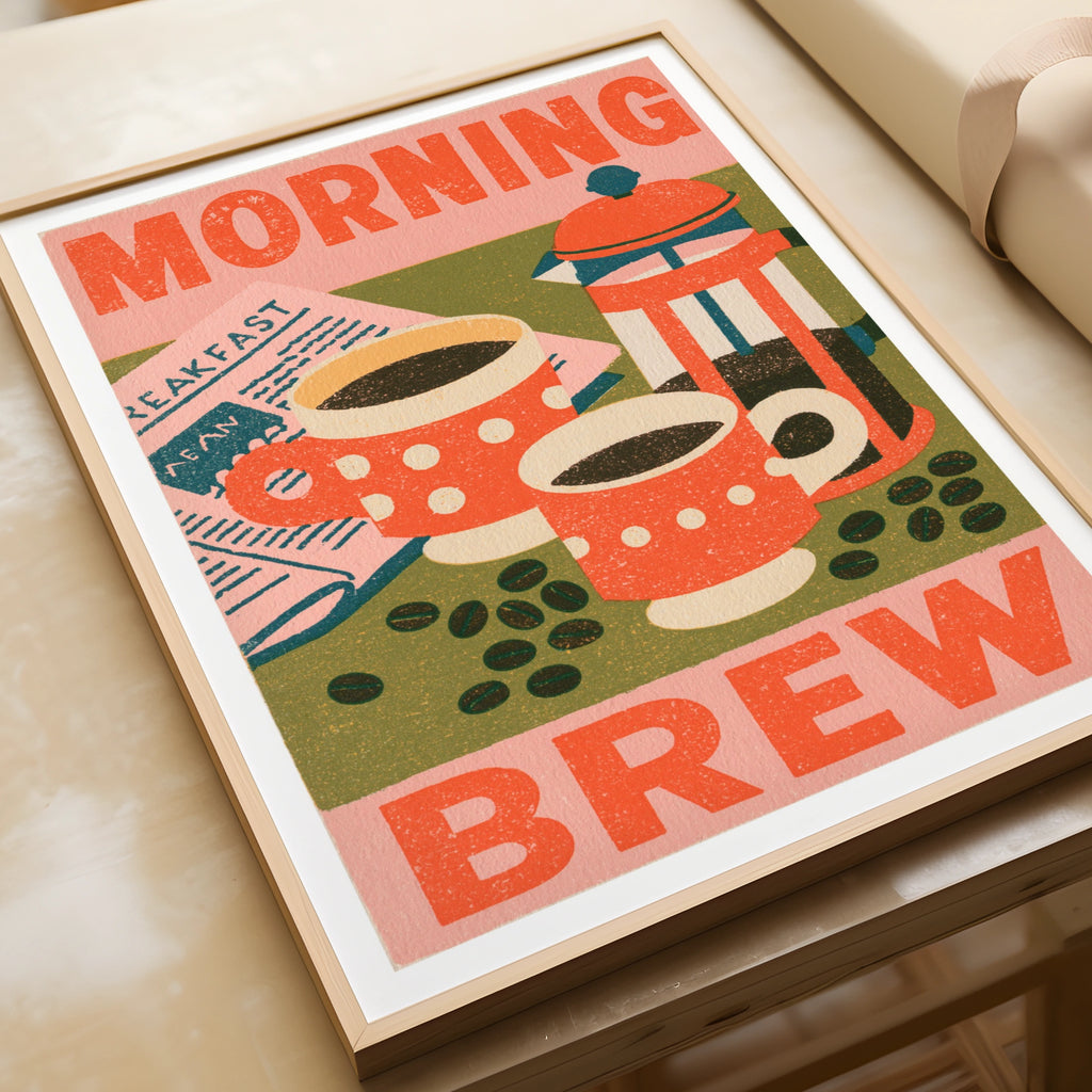 Morning Brew Coffee Vintage Food Poster Print | Rustic Kitchen Decor | Retro Mid Century Risograph